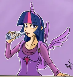 Size: 1075x1127 | Tagged: alicorn, alicorn drama, artist:frankaraya, backpack, bottle, brony tears, derpibooru import, drama, drinking, human, humanized, nail polish, safe, twilight sparkle, twilight sparkle (alicorn), your tears are delicious