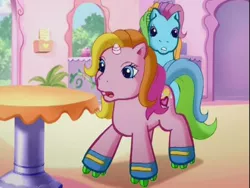 Size: 640x480 | Tagged: cotton candy cafe, derpibooru import, g3, rainbow dash, rainbow dash (g3), rarity (g3), roller skates, safe, table, the runaway rainbow