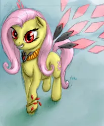 Size: 695x842 | Tagged: alicorn amulet, artificial wings, artist:vabla, augmented, corrupted, dark matter, derpibooru import, fluttershy, magic, magic wings, safe, solo, wings, zero two (kirby)