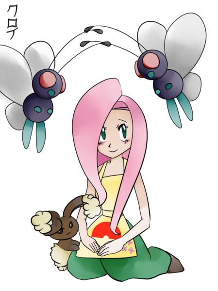 Size: 680x908 | Tagged: angel bunny, artist:ayrania-chan, breeder, buneary, butterfree, derpibooru import, fluttershy, human, humanized, pokémon, safe