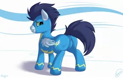 Size: 2500x1583 | Tagged: suggestive, artist:skipsy, derpibooru import, soarin', pegasus, pony, anus cameltoe, butt, chubby, clothes, crotch bulge, grin, male, nudity, plot, smiling, solo, solo male, taint, uniform, wonderbolts uniform