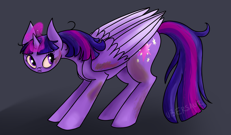 Size: 1208x703 | Tagged: safe, artist:ubersaur, derpibooru import, twilight sparkle, twilight sparkle (alicorn), alicorn, pony, dirty, gray background, princess, simple background