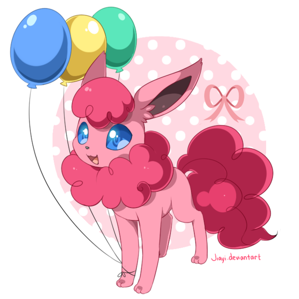 Size: 700x700 | Tagged: artist:jiayi, balloon, crossover, derpibooru import, eevee, eeveelution, female, pinkie pie, pokefied, pokémon, safe, simple background, solo, species swap, transparent background