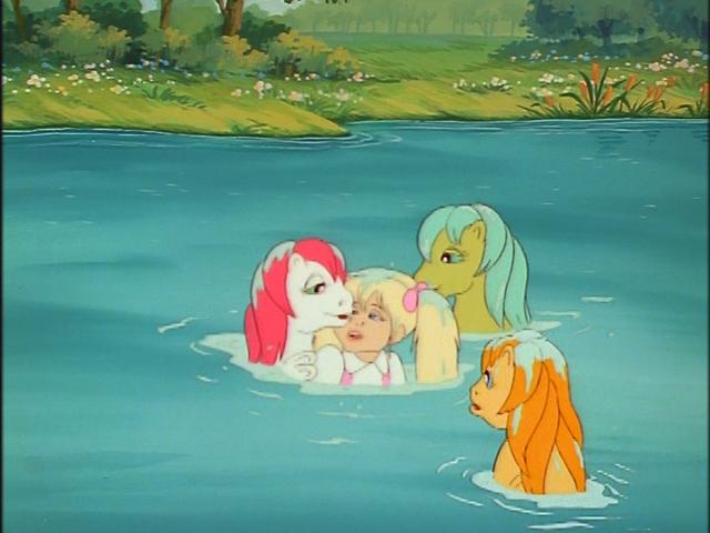 Size: 640x480 | Tagged: baby sea ponies, bedroom eyes, derpibooru import, g1, hug, molly williams, my little pony 'n friends, ripple (g1), safe, sea shimmer, sun shower, water, wet, wet mane