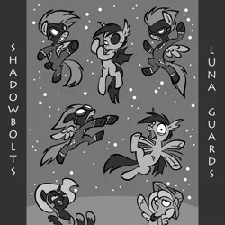 Size: 992x992 | Tagged: safe, artist:toonbat, derpibooru import, nightmare moon, princess luna, oc, oc:frolicsome meadowlark, oc:sunshine smiles (egophiliac), bat pony, pony, moonstuck, cartographer's cap, cute, dark woona, female, filly, grayscale, hat, monochrome, night guard, nightmare woon, shadowbolts, woona, younger