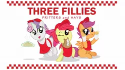 Size: 1920x1080 | Tagged: apple bloom, apple fritter (food), apron, artist:ostichristian, bag, clothes, cutie mark crusaders, derpibooru import, fast food, five guys, food, hay, safe, scootaloo, sweetie belle