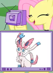 Size: 504x697 | Tagged: safe, derpibooru import, fluttershy, sylveon, exploitable meme, happy, meme, ninfia, nymphia, obligatory pony, pokémon, pokémon x and y, tv meme