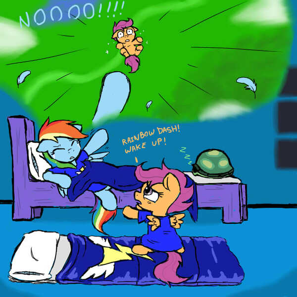 Size: 800x800 | Tagged: adult fear, artist:ichibangravity, crying, dead source, derpibooru import, nightmare, rainbow dash, safe, scootaloo, scootaloo can't fly, scootalove, sisterly love, sleeping, sleeping bag, tank