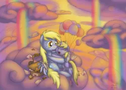 Size: 2116x1512 | Tagged: safe, artist:cazra, derpibooru import, derpy hooves, dinky hooves, pegasus, pony, balloon, cloud, cloudy, crying, equestria's best daughter, equestria's best mother, female, flying, food, heartwarming, hug, letter, mail, mailbag, mare, muffin, rainbow, tears of joy