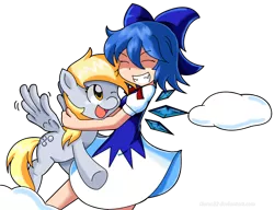 Size: 1012x776 | Tagged: safe, artist:kurus22, derpibooru import, derpy hooves, pegasus, pony, cirno, cloud, crossover, cute, derpabetes, female, happy, hug, mare, smiling, touhou, ⑨