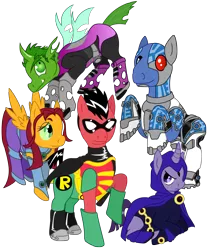 Size: 4108x4965 | Tagged: safe, artist:elliotshoe, derpibooru import, ponified, changeling, pony, absurd resolution, beast boy, cyborg (teen titans), raven (teen titans), robin, starfire, teen titans