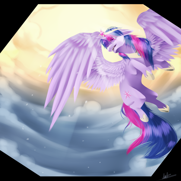 Size: 2000x2000 | Tagged: safe, artist:johanpok, derpibooru import, twilight sparkle, twilight sparkle (alicorn), alicorn, pony, big crown thingy, element of magic, female, flying, jewelry, mare, regalia, solo