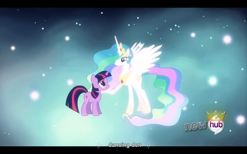 Size: 1024x640 | Tagged: caption, derpibooru import, edit, edited screencap, magical mystery cure, meme, princess celestia, princess celestia's special princess making dimension, safe, screencap, twilight alias, twilight sparkle, void, youtube caption