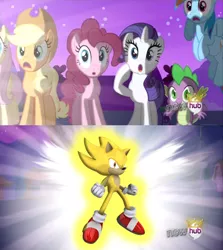 Size: 440x494 | Tagged: safe, derpibooru import, applejack, fluttershy, pinkie pie, rainbow dash, rarity, spike, alicorn flash, crossover, exploitable meme, hub logo, image, meme, png, sonic the hedgehog, sonic the hedgehog (series), super sonic