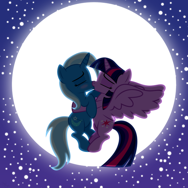 Size: 2000x2000 | Tagged: safe, artist:navitaserussirus, derpibooru import, trixie, twilight sparkle, twilight sparkle (alicorn), alicorn, pony, female, kissing, lesbian, mare, moon, shipping, twixie