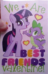Size: 832x1275 | Tagged: safe, derpibooru import, spike, twilight sparkle, card, female, friendzone, heart, holiday, male, needs more jpeg, shipping, straight, twispike, valentine's day, valentine's day card