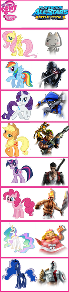 Size: 348x1467 | Tagged: applejack, comparison chart, dante (devil may cry), derpibooru import, dmc, fat princess, fluttershy, god of war, implied cakelestia, jak 3, jak and daxter, konami, kratos, metal gear, metal gear rising, needles kane, pinkie pie, playstation all-stars battle royale, princess celestia, princess luna, raiden, rainbow dash, rarity, safe, sly cooper, sweet tooth (twisted metal), toro inoue, twilight sparkle