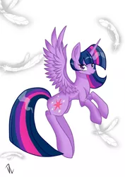 Size: 1240x1754 | Tagged: safe, artist:derpsonhooves, derpibooru import, twilight sparkle, twilight sparkle (alicorn), alicorn, pony, feather, female, mare, smiling, solo