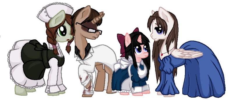 Size: 970x416 | Tagged: safe, artist:littlelace, derpibooru import, ponified, pony, alfred drevis, aya drevis, aya's mom, mad father, maria, rpg maker horror