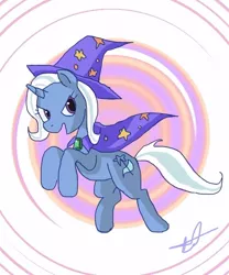 Size: 500x600 | Tagged: dead source, safe, artist:dexhaiken, derpibooru import, trixie, pony, abstract background, cape, clothes, female, hat, solo, trixie's cape, trixie's hat