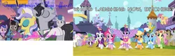 Size: 1316x421 | Tagged: safe, derpibooru import, edit, edited screencap, screencap, amber waves, applejack, berry punch, berryshine, bon bon, bright smile, castle (crystal pony), cherry berry, cloud kicker, cloudchaser, dizzy twister, doctor whooves, eclair créme, flitter, fluttershy, jangles, jet set, lightning bolt, lucky clover, masquerade, noi, orange swirl, orion, pinkie pie, rainbow dash, rarity, ruby pinch, sapphire joy, sea swirl, seafoam, shooting star (character), spike, sunshower raindrops, sweetie drops, time turner, twilight sparkle, twilight sparkle (alicorn), twinkleshine, upper crust, white lightning, written script, alicorn, crystal pony, pegasus, pony, magical mystery cure, sweet and elite, blue text, canterlot, caption, clothes, coronation, coronation dress, crown, dress, female, hat, image macro, jewelry, mare, parade, regalia, text, tuxedo, vulgar, wings