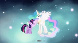 Size: 758x423 | Tagged: caption, derpibooru import, edit, edited screencap, magical mystery cure, meme, princess celestia, princess celestia's special princess making dimension, safe, screencap, space, stars, twilight sparkle, void, youtube caption