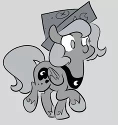 Size: 473x501 | Tagged: safe, artist:egophiliac, derpibooru import, princess luna, alicorn, pony, cartographer's cap, female, filly, gray background, grayscale, hat, monochrome, paper hat, simple background, solo, woona, younger