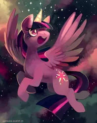 Size: 1000x1272 | Tagged: dead source, safe, artist:purplekecleon, derpibooru import, twilight sparkle, twilight sparkle (alicorn), alicorn, pony, cloud, female, flying, mare, open mouth, smiling, solo, space, starry night, stars