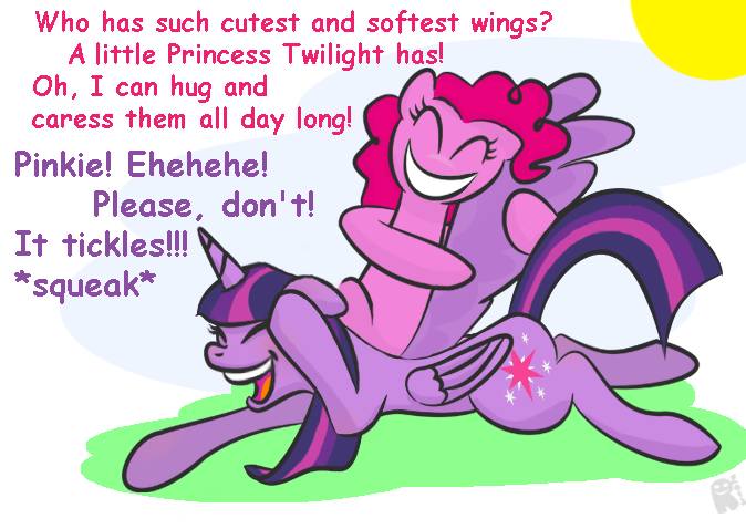 Size: 674x478 | Tagged: safe, artist:rgevskiy, derpibooru import, pinkie pie, twilight sparkle, twilight sparkle (alicorn), alicorn, pony, comic sans, tickling, ticklish wings, wings