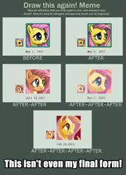 Size: 784x1088 | Tagged: artist:pix3m, art meme, bust, caption, comparison, derpibooru import, fluttershy, image macro, pixel art, portrait, safe, text, this isn't even my final form