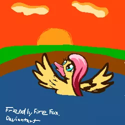 Size: 300x300 | Tagged: 30 minute art challenge, artist:friendlyfirefox, bird, derpibooru import, duck, female, flutterduck, fluttershy, pixel art, safe, solo, species swap, spread wings, sunset, wings