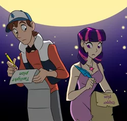 Size: 1124x1075 | Tagged: safe, artist:aeolus06, derpibooru import, twilight sparkle, human, crossover, diplight, dipper pines, frown, gravity falls, humanized, image, jewelry, jpeg, necklace, older, pencil, quill, shipping, wide eyes, writing