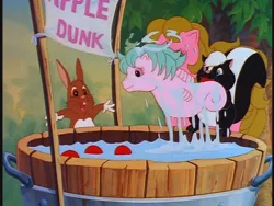 Size: 640x480 | Tagged: animal, apple, apple bobbing, baby sea pony, derpibooru import, food, g1, rabbit, safe, sea pony, shady, skunk, spring festival, water lily (g1)