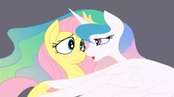 Size: 1136x636 | Tagged: safe, artist:reiduran, derpibooru import, fluttershy, princess celestia, alicorn, pegasus, pony, bedroom eyes, blushing, boop, eye contact, female, flutterlestia, frown, lesbian, looking at each other, mare, nervous, nose wrinkle, noseboop, open mouth, scrunchy face, shipping, smiling, sweat, wavy mouth, wide eyes
