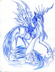 Size: 2550x3300 | Tagged: artist:winddragon24, changeling, changeling king, derpibooru import, king metamorphosis, monochrome, pen drawing, queen chrysalis, rule 63, safe, simple background, solo, traditional art, white background