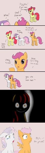 Size: 800x2700 | Tagged: apple bloom, artist:fantasyglow, artist:posexe, creepy bloom, creepy mark, cutie mark crusaders, derpibooru import, hilarious in hindsight, luna game, safe, scootaloo, slasher bloom, sweetie belle