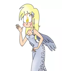 Size: 1600x1830 | Tagged: artist:mcnuggyy, clothes, derpibooru import, derpy hooves, dress, female, gala dress, human, humanized, safe, simple background, solo, white background, winged humanization, wings