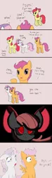 Size: 800x2700 | Tagged: safe, artist:posexe, artist:quarium, derpibooru import, apple bloom, scootaloo, sweetie belle, earth pony, pegasus, pony, unicorn, story of the blanks, bad end, black background, blanked apple bloom, comic, creepy mark, cutie mark crusaders, female, filly, pink background, red eyes, simple background