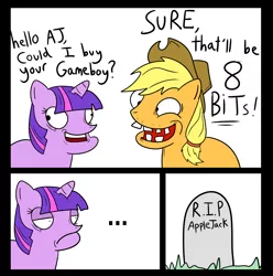 Size: 2404x2428 | Tagged: ..., applejack, artist:shyjack, badlydrawnmlp, comic, death, derpibooru import, game boy, grave, pun, retarded, safe, twilight sparkle