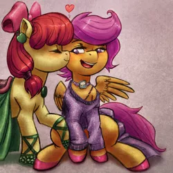 Size: 900x900 | Tagged: safe, artist:chromaskunk, artist:kevinsano, derpibooru import, apple bloom, scootaloo, earth pony, pegasus, pony, blushing, bow, clothes, cute, dress, eyes closed, female, hair bow, heart, kissing, lesbian, open mouth, scootabloom, shipping