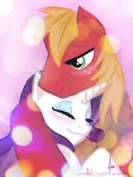 Size: 768x1024 | Tagged: safe, artist:riotfaerie, derpibooru import, big macintosh, rarity, earth pony, pony, blushing, female, hug, male, rarimac, shipping, stallion, straight