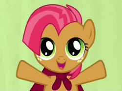 Size: 480x360 | Tagged: safe, derpibooru import, babs seed, earth pony, pony, one bad apple, adorababs, animated, bangs, cape, clothes, cmc cape, cute, female, filly, hair blowing, simple background, solo