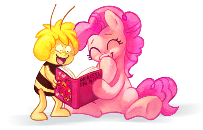 Size: 867x556 | Tagged: dead source, safe, artist:feyrah, derpibooru import, big macintosh, pinkie pie, alicorn, anthro, bee, earth pony, insect, pony, alicornified, andrea libman, anthro with ponies, book, crossover, duo, female, implied big macintosh, mare, maya the bee, princess big mac, race swap, reading, sitting, voice actor joke