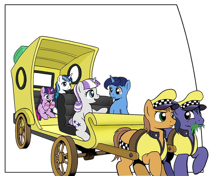 Size: 800x672 | Tagged: artist:muffinshire, carriage, cat's cradle, comic:twilight's first day, derpibooru import, female, filly, night light, safe, shining armor, taxi, twilight sparkle, twilight velvet, wip