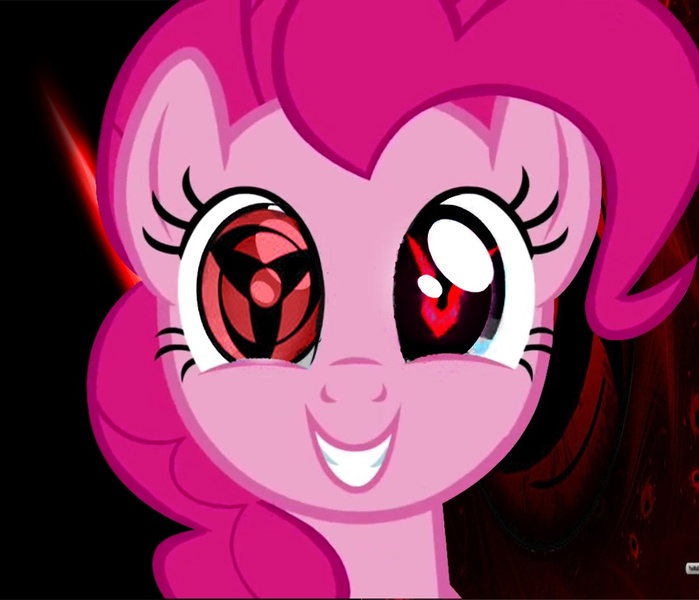 Size: 900x773 | Tagged: safe, artist:geasswolf, derpibooru import, pinkie pie, earth pony, pony, bust, code geass, geass, looking at you, mangekyo sharingan, naruto, portrait, sharingan, smiling, xk-class end-of-the-world scenario