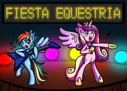 Size: 1292x926 | Tagged: artist:serenamidori, derpibooru import, fiesta equestria, flying v, guitar, microphone, musical instrument, princess cadance, rainbow dash, safe, singing, stage