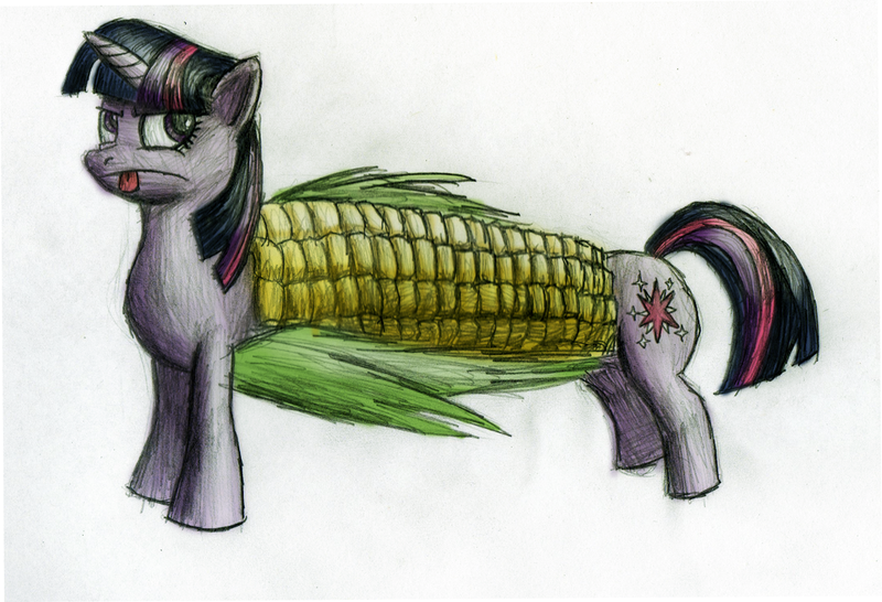 Size: 1024x699 | Tagged: safe, artist:khaomortadios, derpibooru import, twilight sparkle, twilight sparkle (alicorn), alicorn, pony, corn, food, pun, visual pun, wat