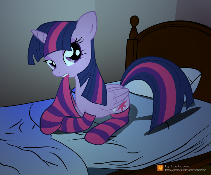 Size: 3987x3319 | Tagged: suggestive, artist:jcosneverexisted, derpibooru import, twilight sparkle, twilight sparkle (alicorn), alicorn, pony, bed, clothes, female, mare, socks, solo, solo female, striped socks