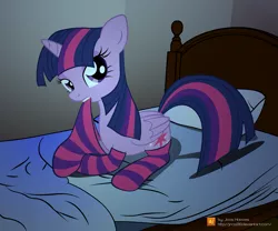 Size: 3987x3319 | Tagged: suggestive, artist:jcosneverexisted, derpibooru import, twilight sparkle, twilight sparkle (alicorn), alicorn, pony, bed, clothes, female, mare, socks, solo, solo female, striped socks