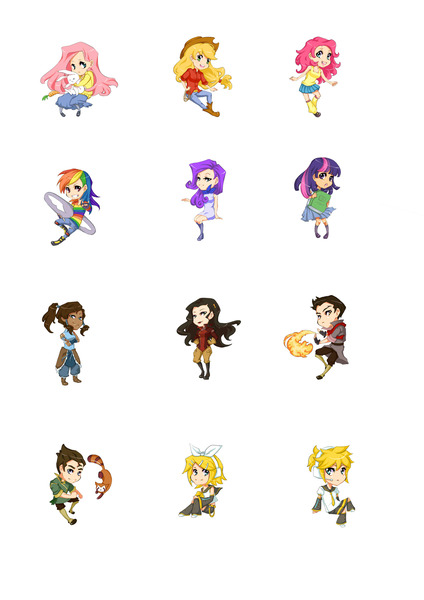 Size: 2893x4092 | Tagged: applejack, artist:xmas1928, asami sato, bolin, chibi, derpibooru import, fluttershy, human, humanized, kagamine len, kagamine rin, korra, mako, mane six, pabu, pinkie pie, rainbow dash, rarity, safe, the legend of korra, twilight sparkle, vocaloid